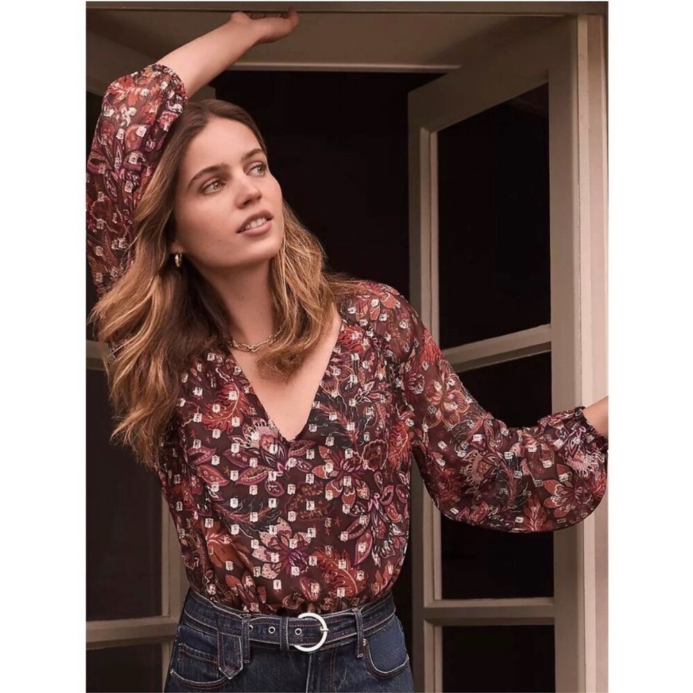 LOFT Large Metallic Floral Blouse Brown Red Sheer Boho Fall Top